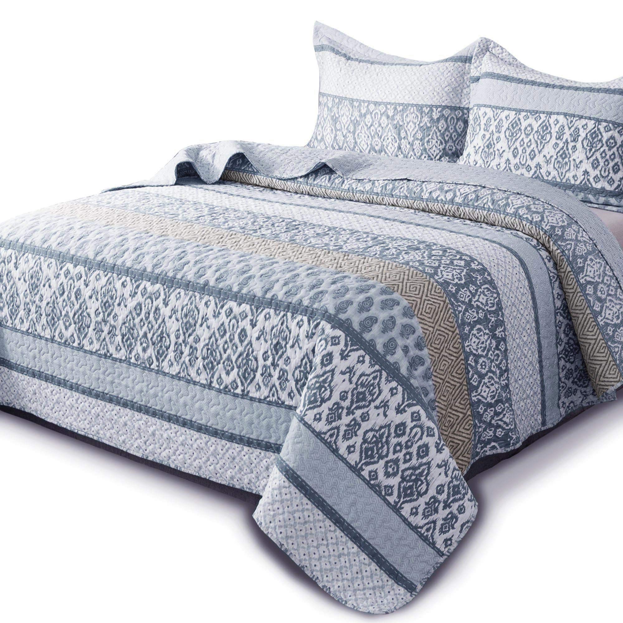 Kasentex Country-Chic Printed Pre-Washed Quilt Bedding Set - Microfiber Fabric Quilted Pattern Bedding (Multi-Blue C, Queen + 2